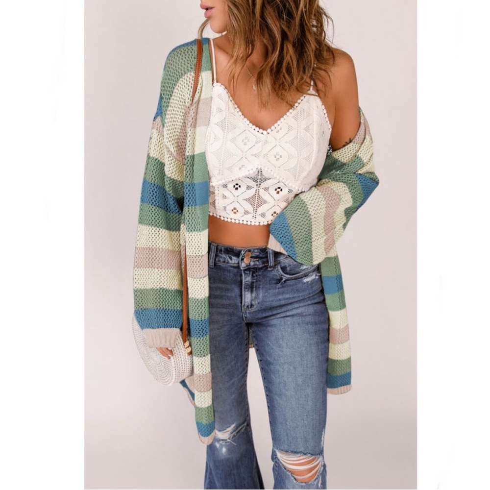 Green Striped Hollowed Knit Cardigan - Picture 1 of 10